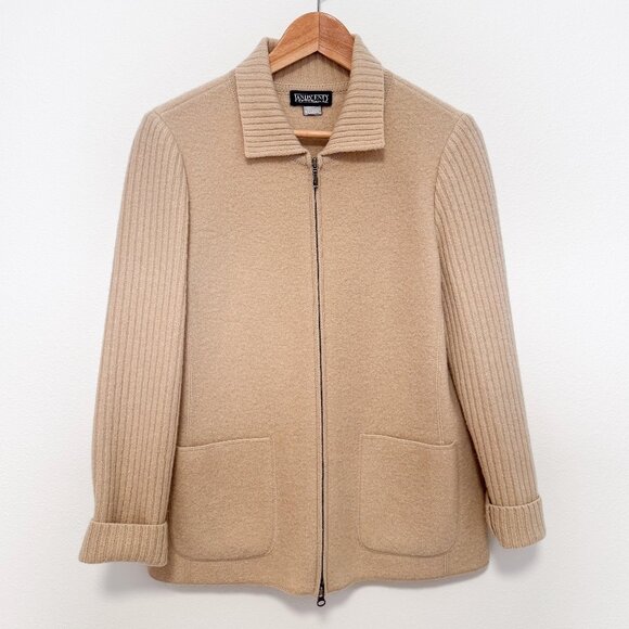 Lands End Cream Beige Boiled Wool Sweater Zip Front Jacket - Picture 1 of 14